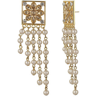 Square Designer Drop Crystal pearl Dangler Golden White Alloy Brass Copper Earrings for Women's Fashion Jewelry view 2