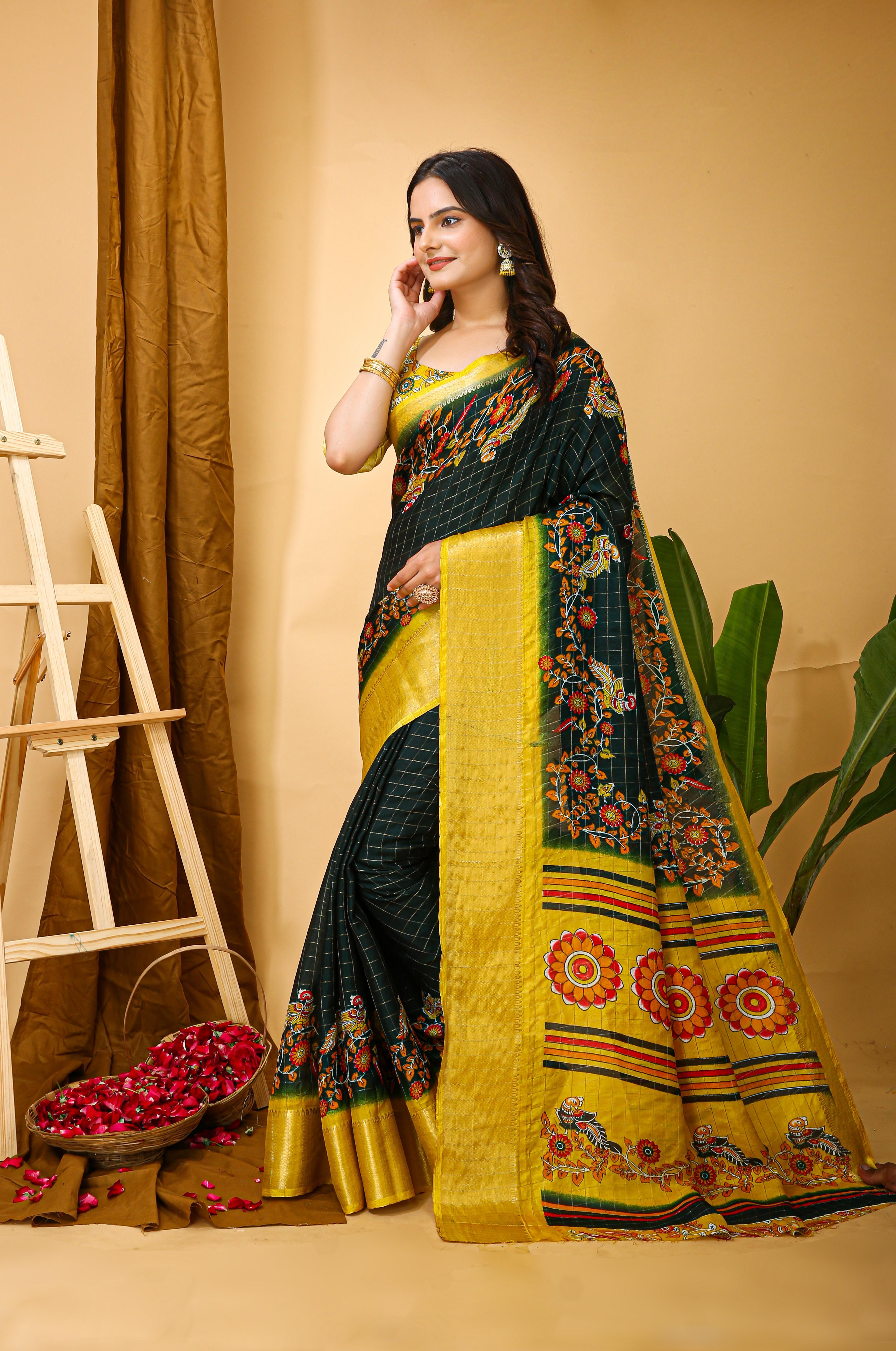 Kalamkari Print Dola Silk Saree view 2