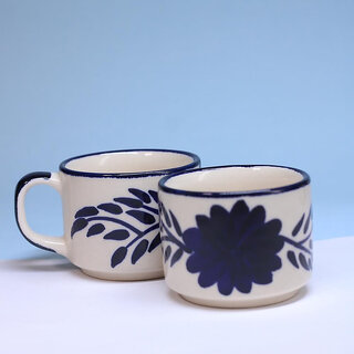 Rare Planet Handcrafted Blue Floral Ceramic Tea Cups - Elegant and Eco-Friendly Mug Set of 2 view 2