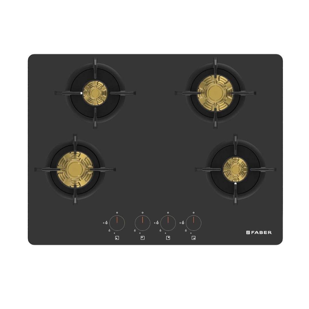 Faber 4 Burner 70cm Hob, Auto-Ignition, HOB PRIME HT704 CRS BR CI AI, Metal Knobs, Cast Iron Pan Support, Hob/Cooktop Hybrid| Black Glass Finish, 5 Yrs Warranty on Glass & Valve, 2 Yrs on Burner view 2