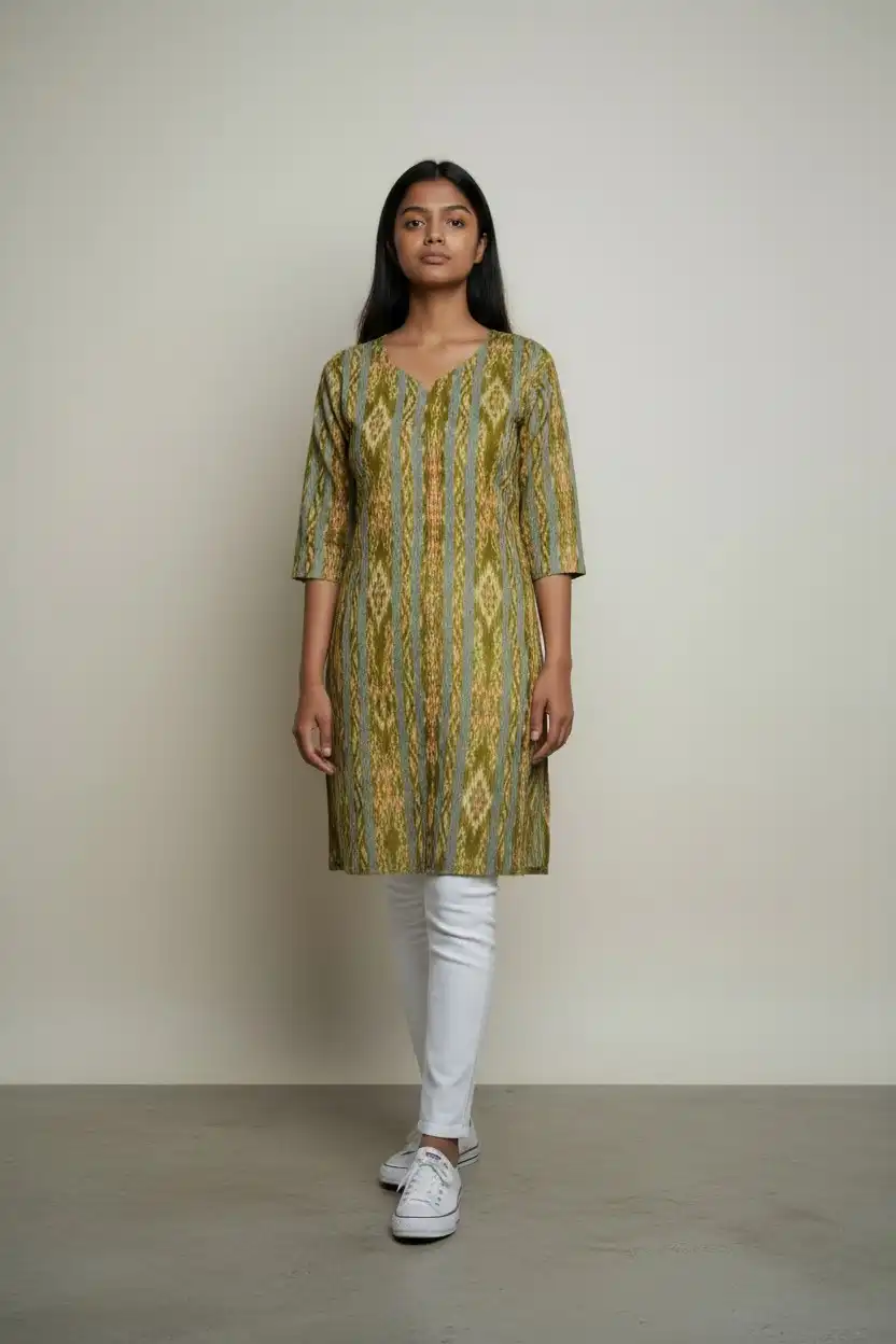 Sambalpuri Bandhakala Cotton Kurti in Olive