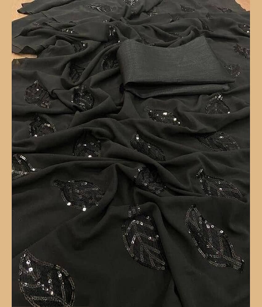 KALIPATRA Georgette Embroidered Regular Saree With Unstitched Blouse Piece ( Black )
