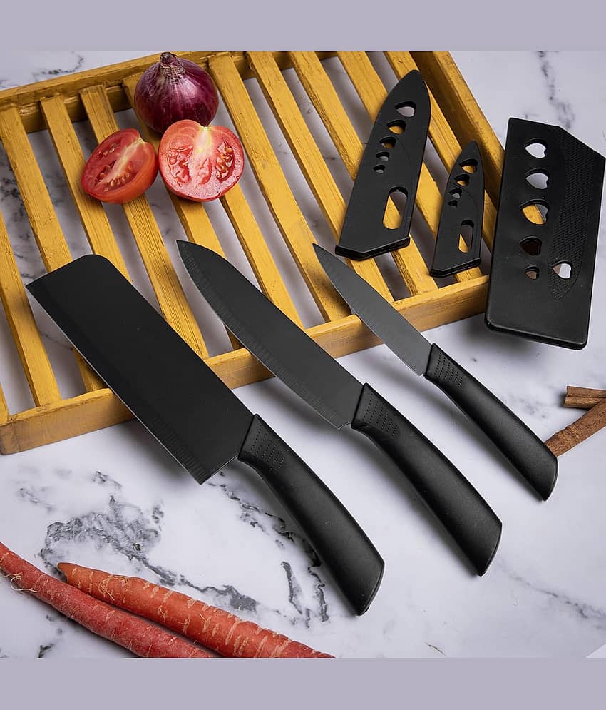 SKYVILLA Knife Set of 3 with Cover, Stainless Steel Knives for Kitchen| Sharp Edge Cutting Chef Knifes for Chopping Vegetables, Fruits, Multipurpose Knife, Kitchen Tools(Set of 3, Black)