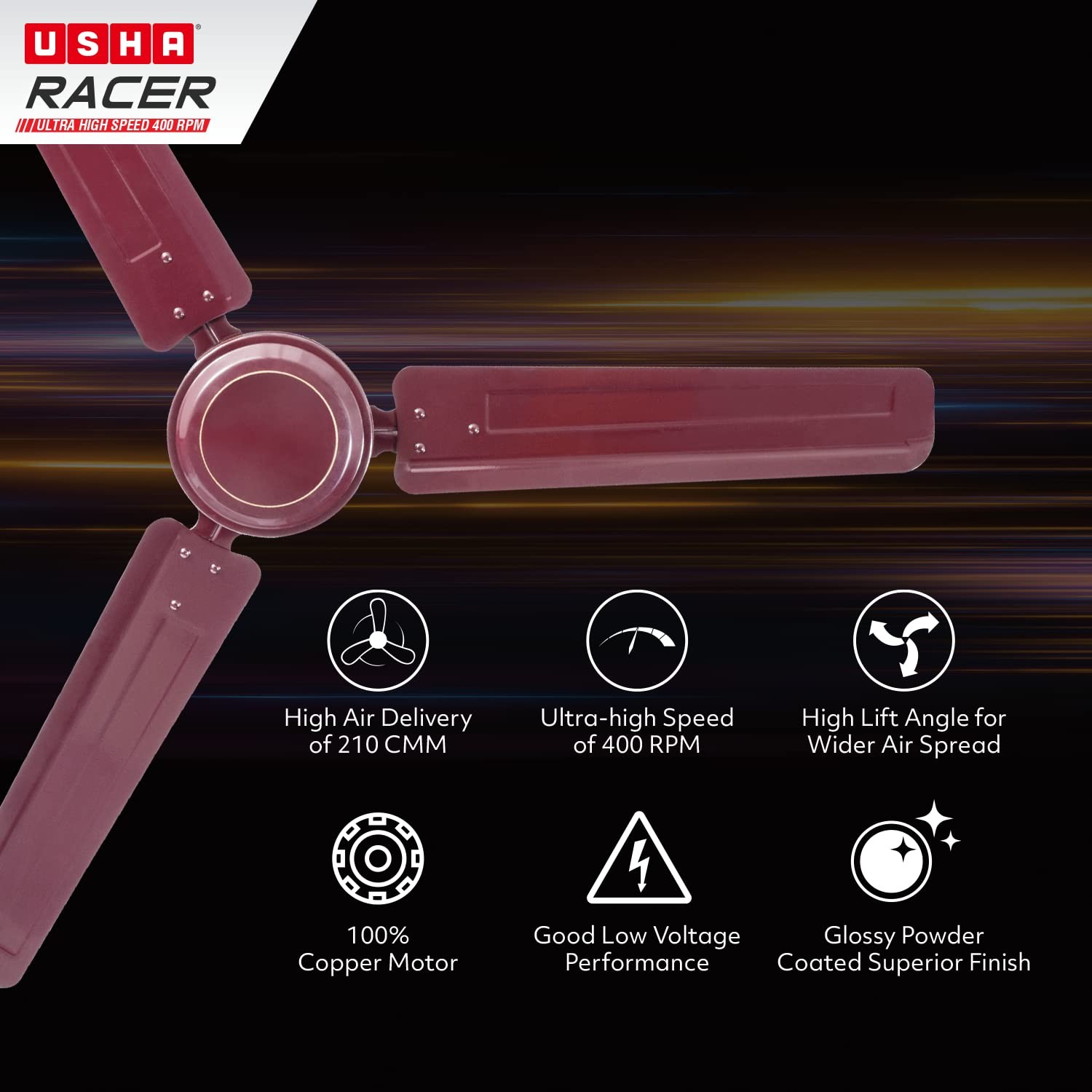 Usha Racer 1200MM Ultra High Speed 400RPM Ceiling Fan Brown view 2