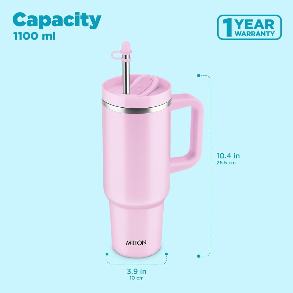 MILTON Malmo 1200 Thermosteel Double Wall Vacuum Insulated Stainless Steel Water Tumbler with Handle 1100ml,Travel Mug with Straw,Silicon Cap,Cleaning Brush,Hot & Cold Beverage Flask view 2