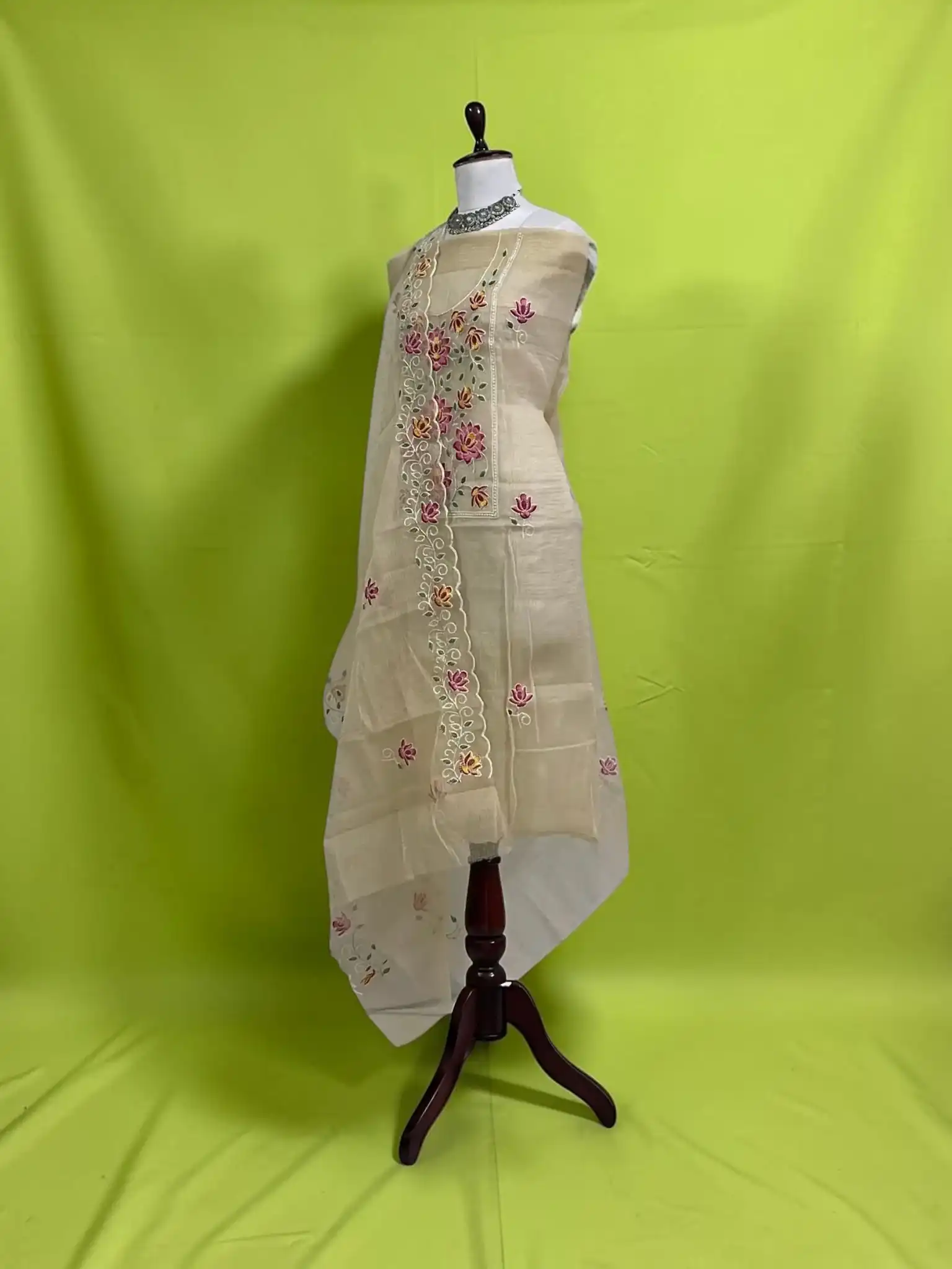 Handwoven Kota Doria Dress Material with Hand Embroidery, Biscuit Beige view 2