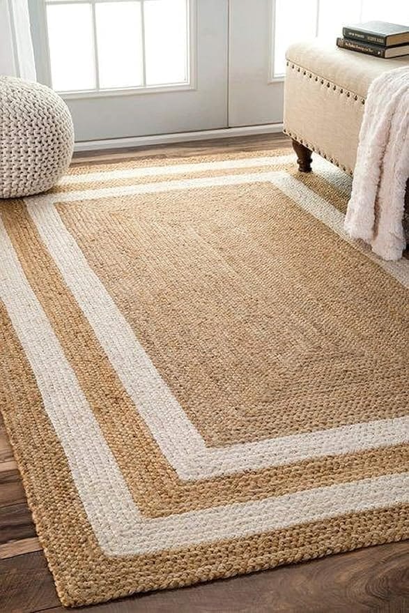 Handwoven Natural Jute Rug with Double White Border view 2