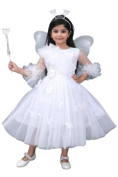 White Fairy Dress for Girls with Wings and Wand