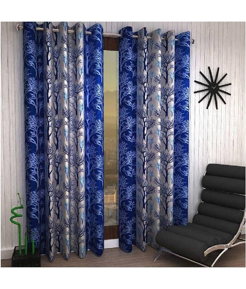 Panipat Textile Hub Floral Semi-Transparent Eyelet Door Curtain 7 ft Pack of 2 -Blue