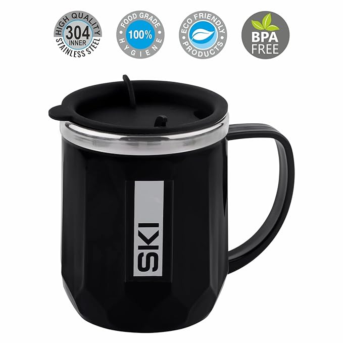 Ski Mocha Stainless Steel, Plastic Double Wall Coffee Mug, 400 Ml, Pack Of 1 (Black) view 2