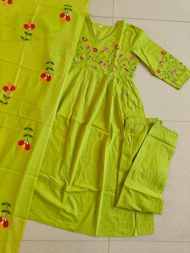 Cotton Malmal Dupatta & Cotton Kurta Set with Embroidery Stylish Cotton Kurti with Matching Pants & Dupatta for Women view 2