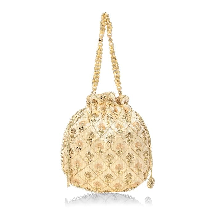 Buy Cream Potli Bag With Pearl Handle Online at Best Price in India view 2