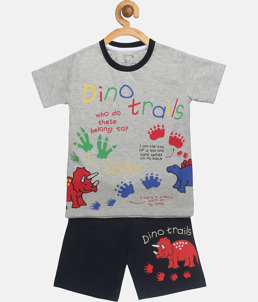 Lazy Shark Pack of 1 Boys Cotton Blend T-Shirt & Shorts Set ( Grey )