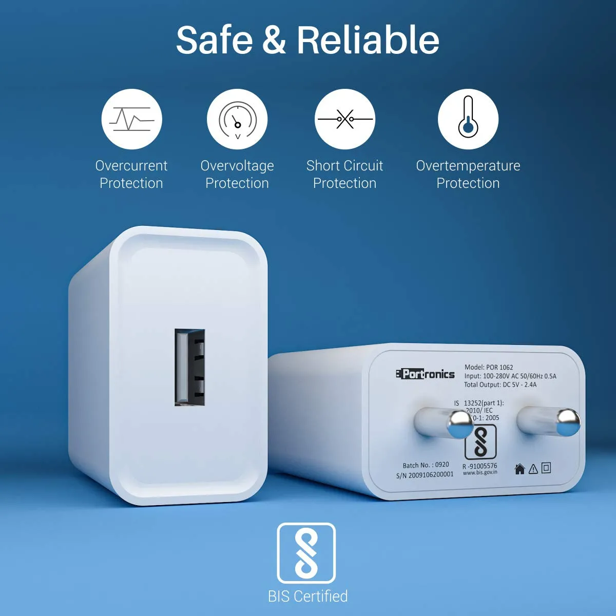 Portronics Adapto 62 12W USB Wall Charger | 2.4A Fast Charging Single USB Power Adapter Without Cable | Universal Charger for Android Smartphones, iPhone, iPad, Tablets, Bluetooth Devices & More | Compact Travel Adapter (White or Black) view 2