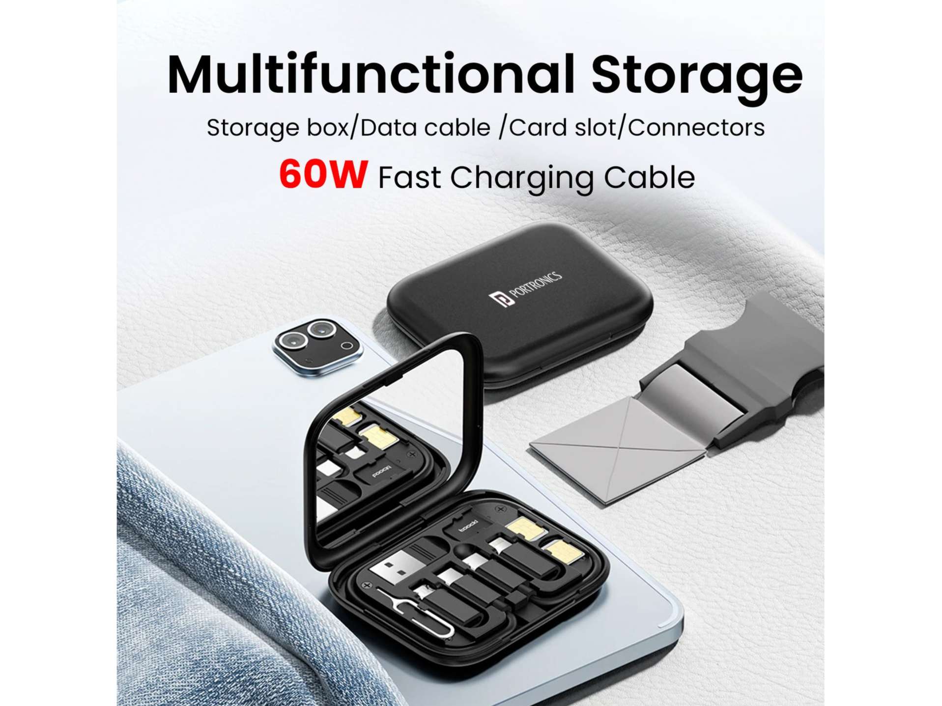 Portronics Snapcase 60W Fast Charging Cable Kit, Compact Storage, Multiple Connectors, Portable Mirror view 2