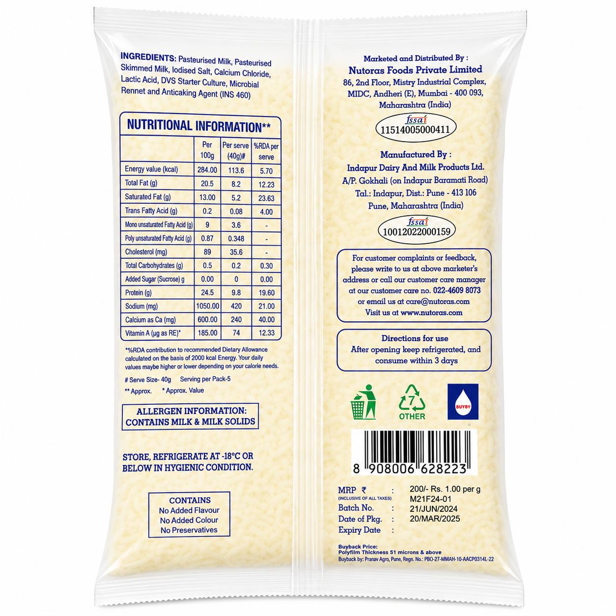 Nutoras Mozzarella Cheese Shreds 200G view 2