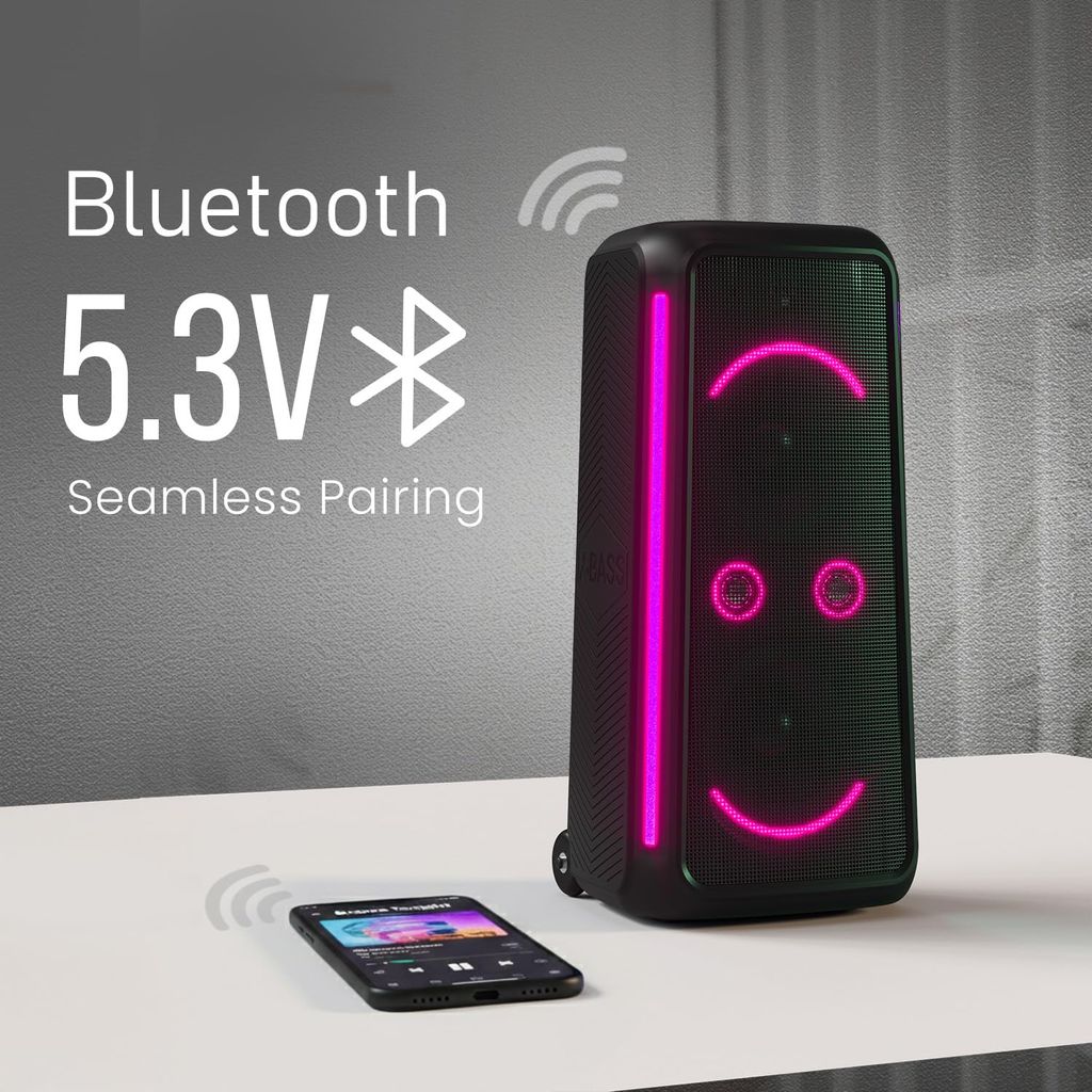 Portronics 250W Iron Beats 5 Prime Wireless Wheeled Party Speaker with Upto 6 Hours Playtime & Wireless Karaoke UHF Mic, Dual 8 Inch Subwoofer, Smiley LED Lights, Bass Boost Technology (Black) view 2