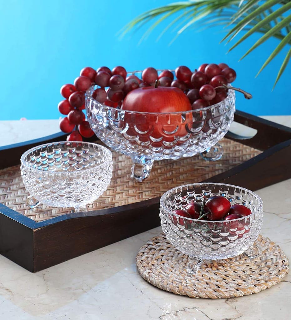 Crystal Glass Bowl Set of 7 pcs with 1 Large Bowl & 6 Small Bowls for Serving Snacks, Pudding, Dessert, Fruits and Kitchen Purpose (Fish Design) view 2