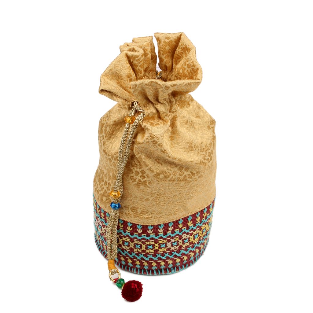 Tribes India Hand Embroidered Round Potli (Brown) view 2