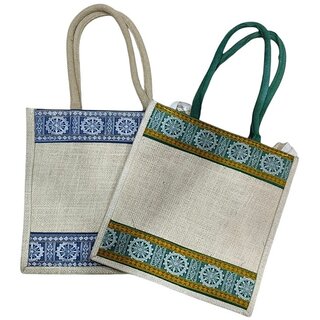 Eco Friendly Jute Shopping Tote Bag with Ethnic Border Design, Reusable Grocery Lunch Carry Bag for Women (Natural Bei