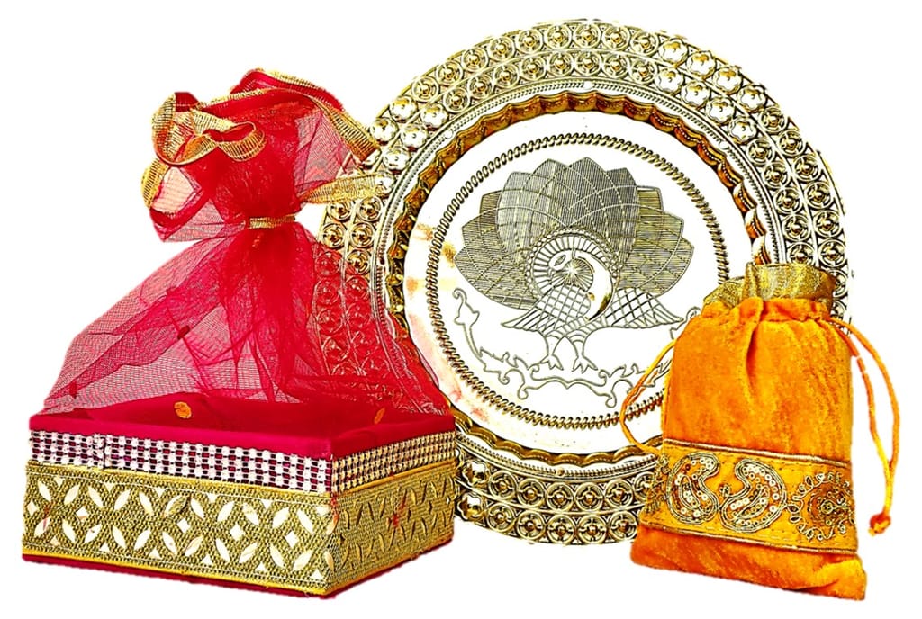 Omkar by R3 Inc. Gold Gift Plate, Square Basket with Shagun Potli for Gifts Hampers | Fancy Hamper| Wedding Basket / Pouch for gift Packing (Pack of 3) view 2