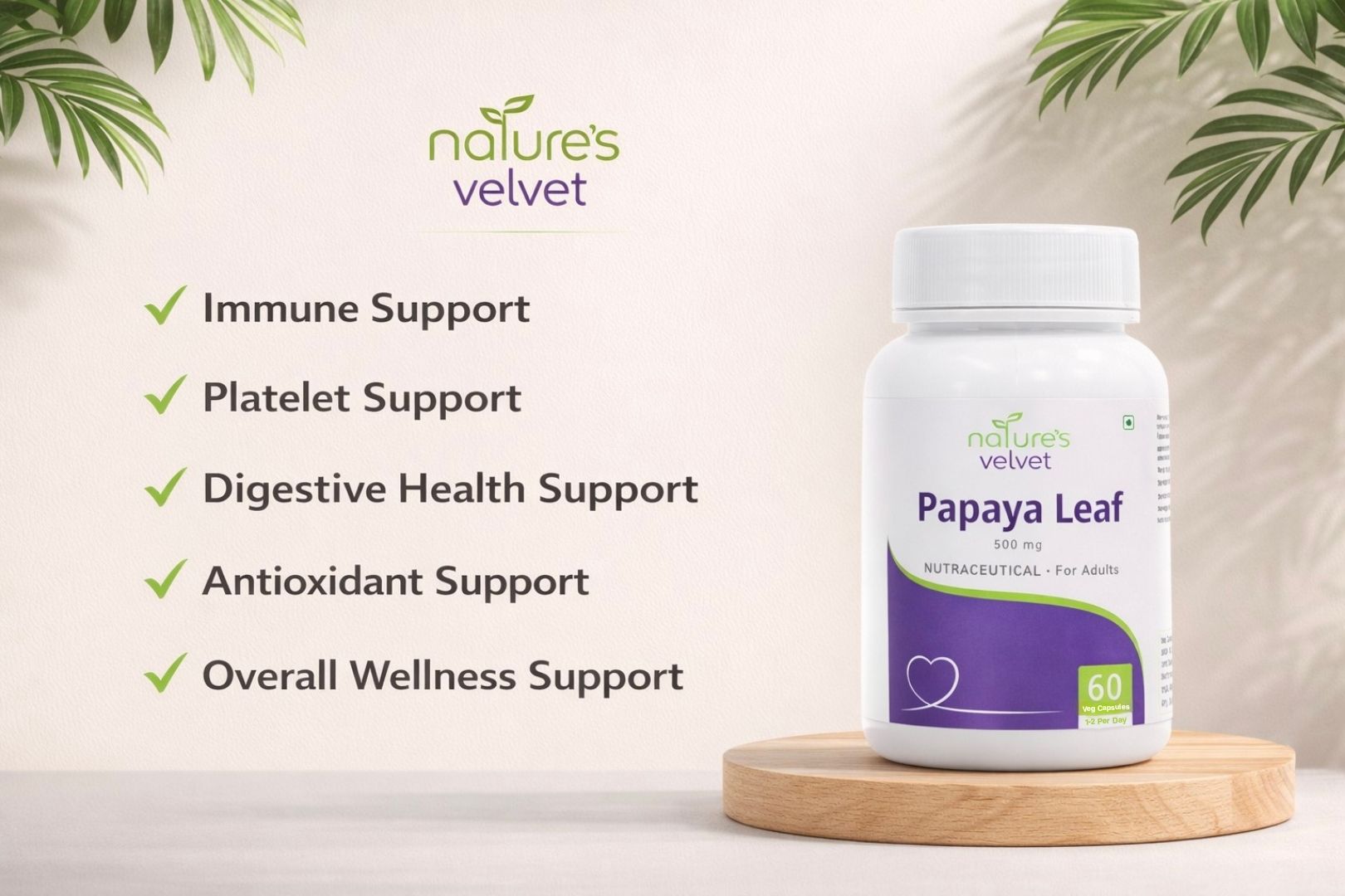 Natures Velvet Papaya Leaf Extract 500 mg Veg Capsules for Platelet Support & Immune Health – 60 Veg Capsules view 2