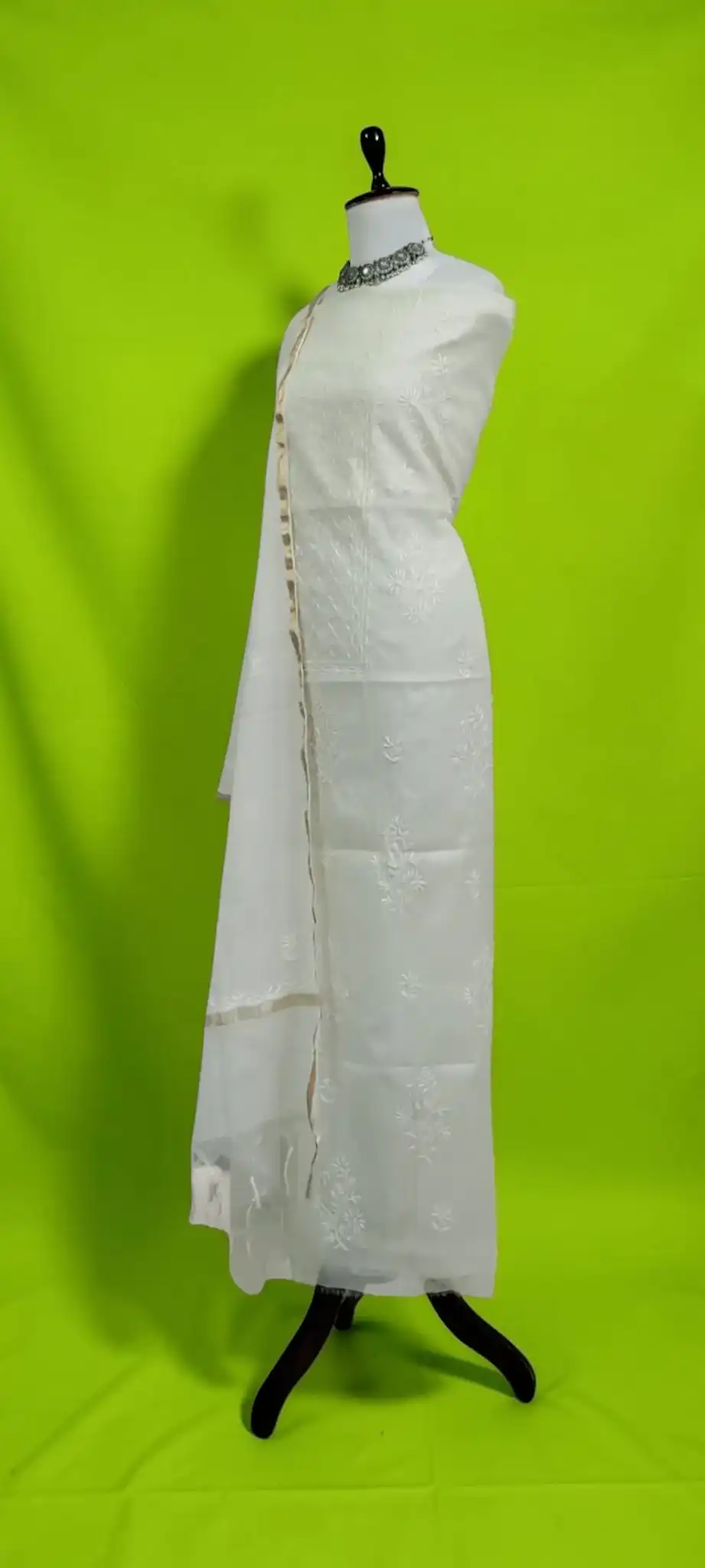 White Chikankari Mul Cotton Dress Material with Hand-Embroidered Dupatta view 2