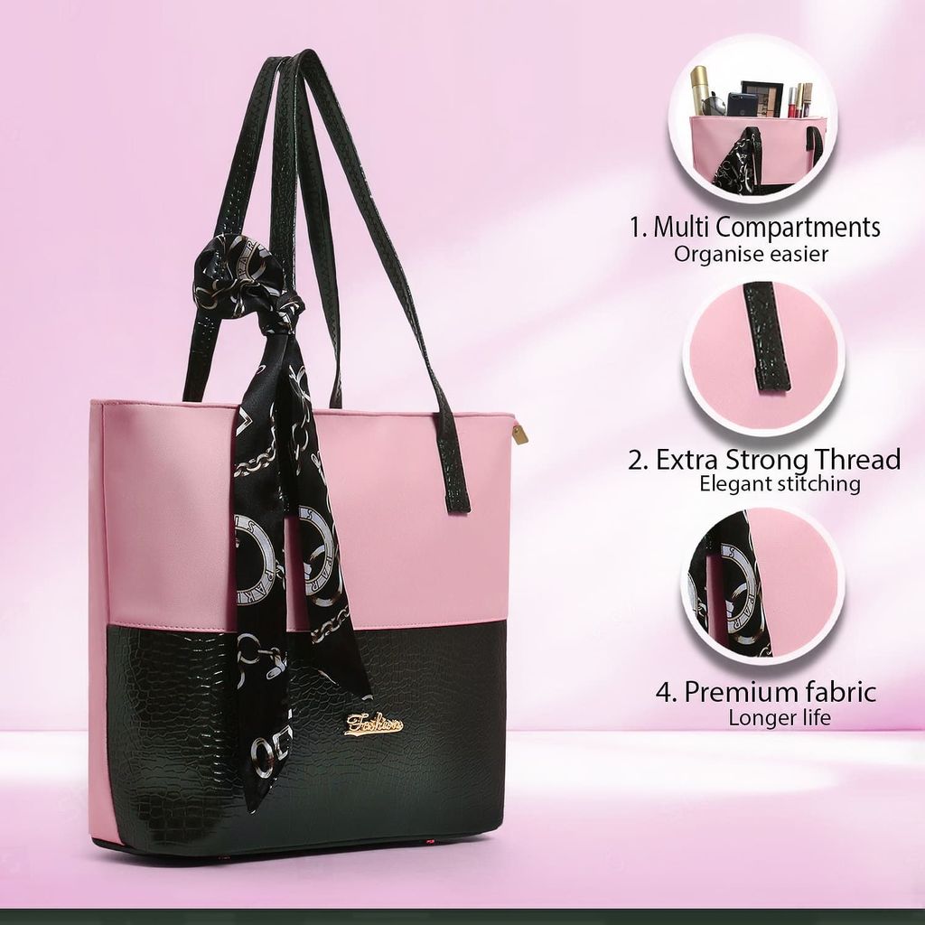 Elegant Two-Tone Handbag with Scarf Accent view 2