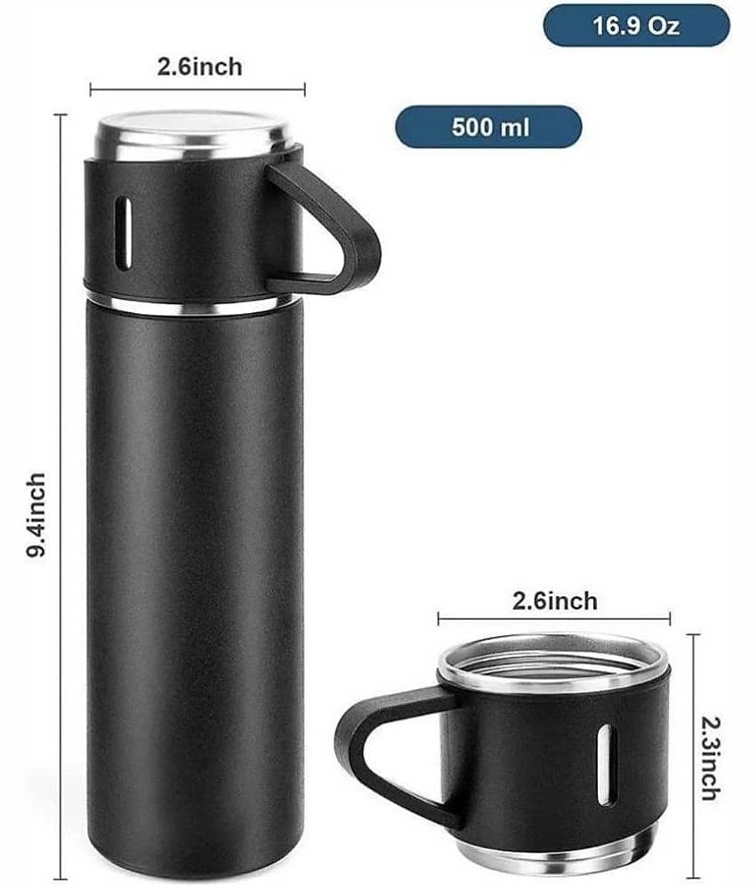 RADH 500ml Stainless Steel Black Vacuum Insulated Thermos Flask Water Bottle with 3 Tea Cups Set with Gift Box view 2