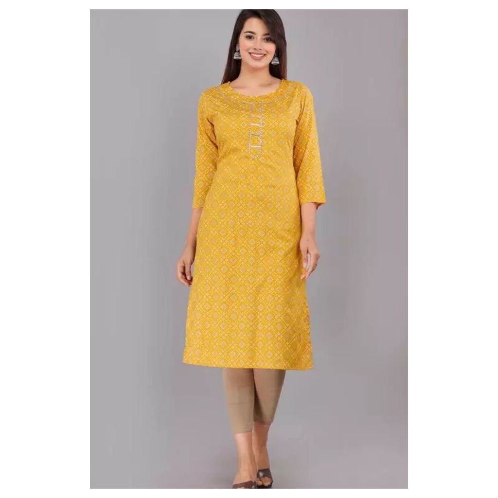 kurti for woman" Straight Printed Cotton Rayon Single Kurti Kurta. ( Yellow )