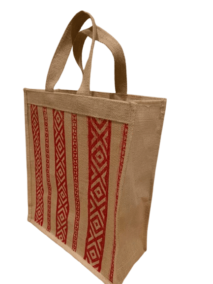 Handwoven Jute Tote Bag with Red Geometric Print view 2