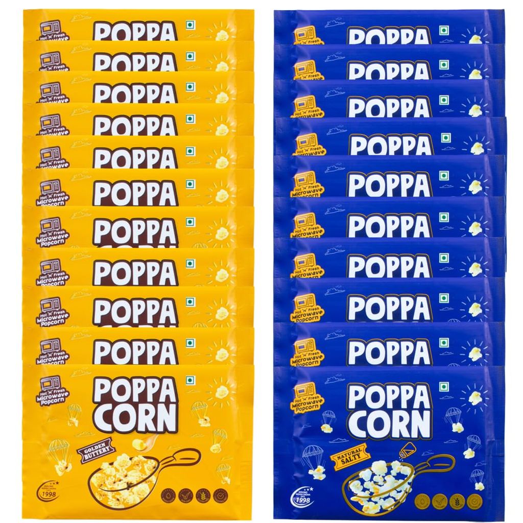 POPPACORN Microwave Popcorn 33gX10 Pouches Golden Buttery & 33gX10 Pouches Natural Salty 660gm, Pack of 20
