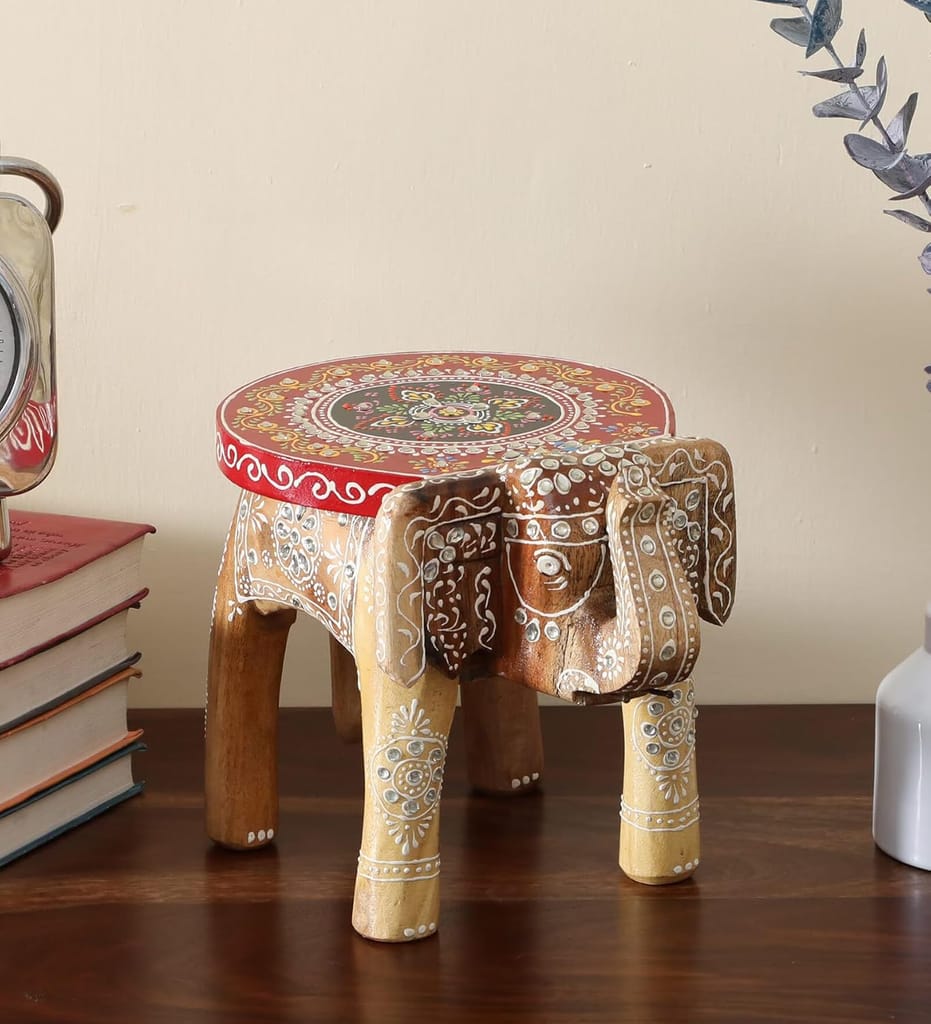 Hitesh Handicrafts - Wood Decorative Rajastani Hand Painted Elephant Stool|Rajasthani Home Decor Handicrafts|Home Decorative Items In Living Room,Bedroom,Office|Showpiece Gifts (8 Inch Natural) - Multicolor