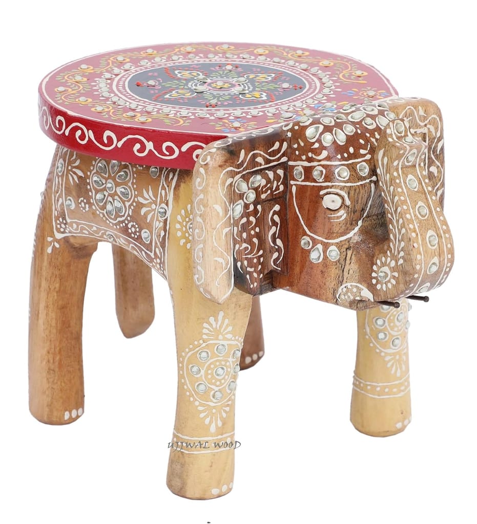 Hitesh Handicrafts - Wood Decorative Rajastani Hand Painted Elephant Stool|Rajasthani Home Decor Handicrafts|Home Decorative Items In Living Room,Bedroom,Office|Showpiece Gifts (8 Inch Natural) - Multicolor view 2