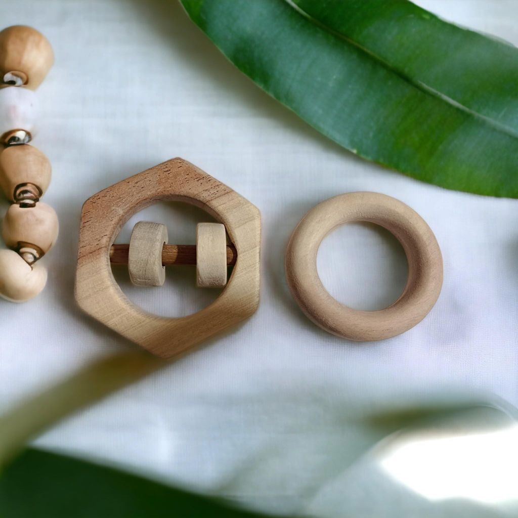 Neemtoys Pure Neem Wooden Baby Chilling Neem Wooden Rattle & Teether Set of 2 Toys Hexagon and Ring Shape Rattle and Teether for Toddlers view 2
