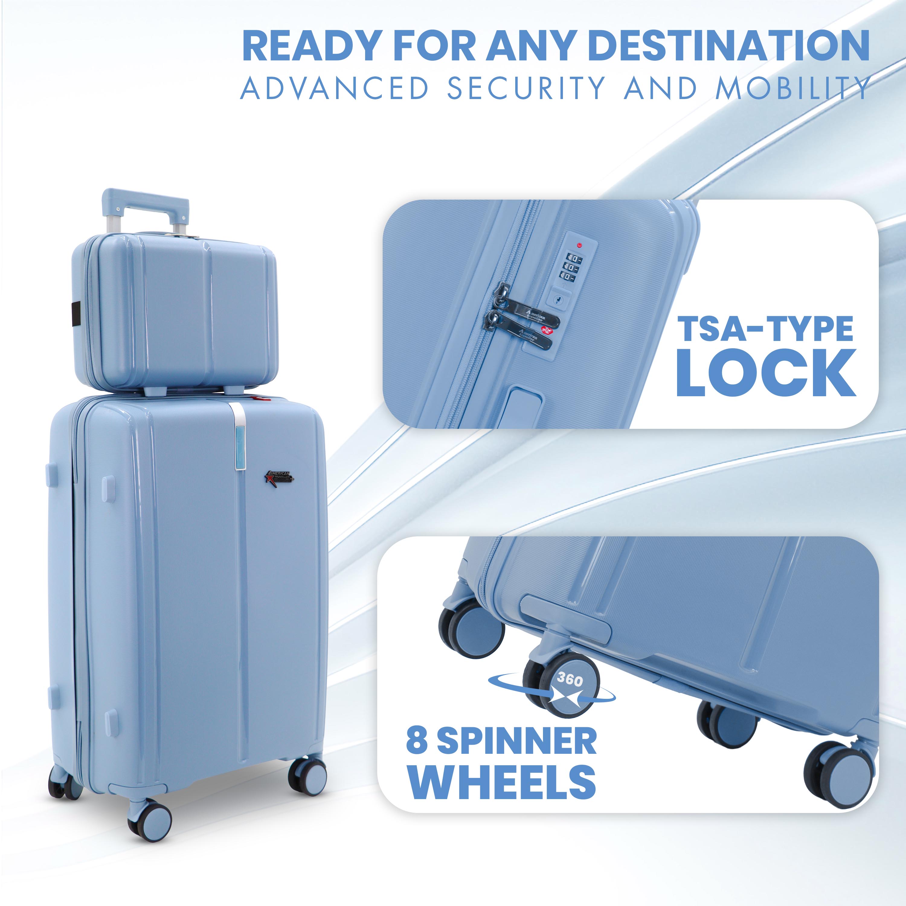 AMERICAN TRAVELLER Tokyo Polypropylene 4-Piece Luggage Trolley Bag Set | TSA-Type Lock, 360 Spinner Wheels, Durable Hard Shell Suitcase for Travel (4, Grey Blue, Mini,Small,Medium,Large) view 2