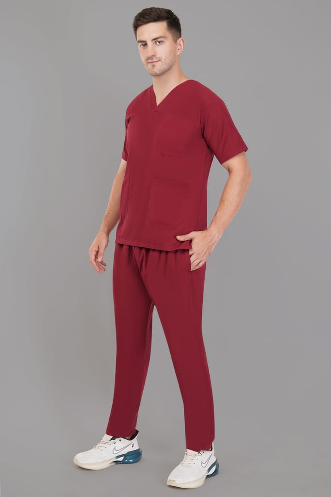 Scrub Suit | 5-Pockets Scrub | Maroon Color | Unisex Pattern | Set Of Upper & Bottom | Comfortable | Durable | Best Fitted For Medical Professionals view 2