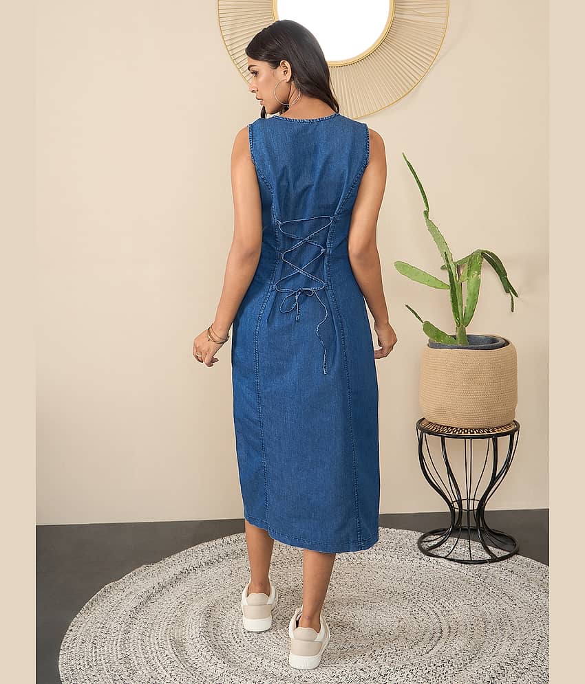StyleStone Women Denim Solid Fit & Flare Dress ( Blue ) view 2