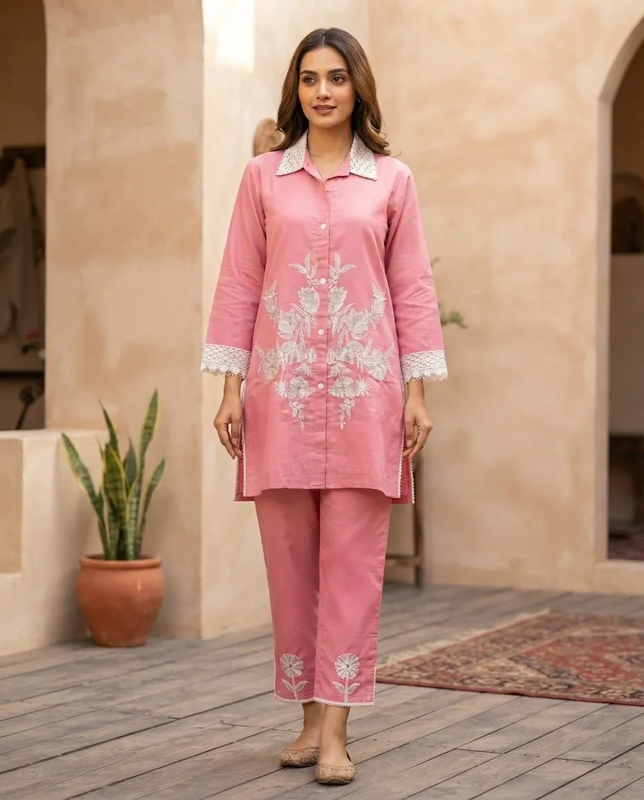 Pastel Pink Floral Embroidered Kurta with Pant Set
