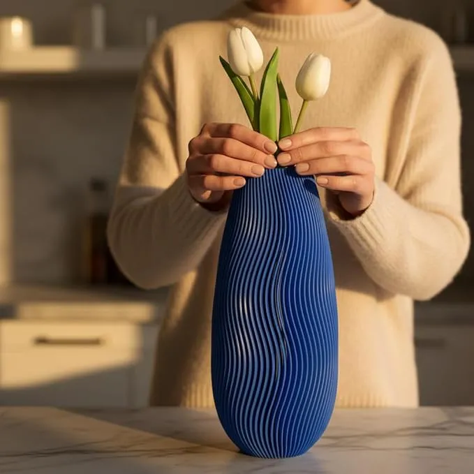 Ribbed Textured Blue Luxurious Vase 18 cm H x 8.3 cm W view 2