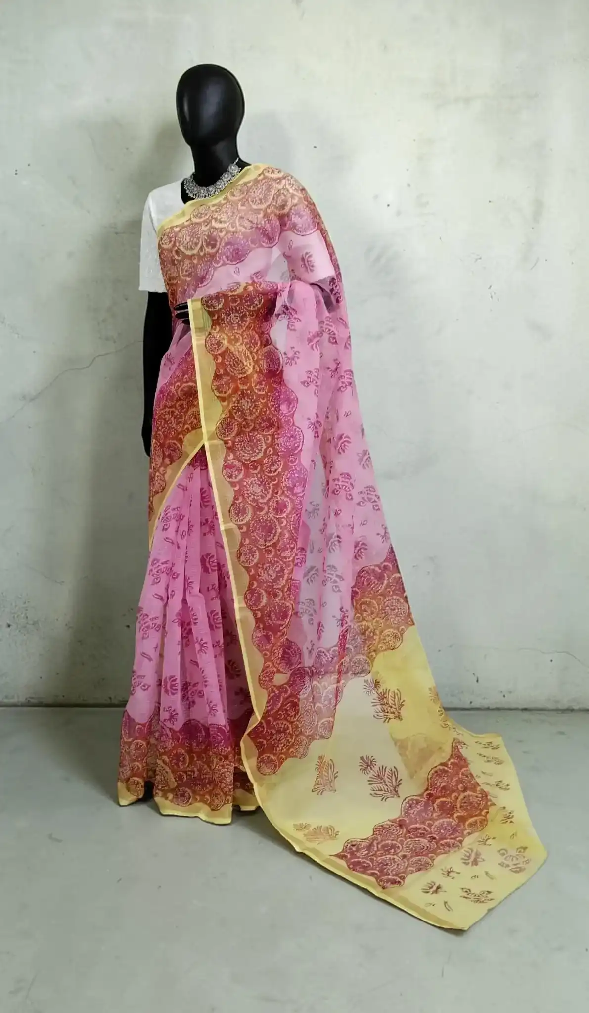 Handwoven Kota Doria Block Print Saree in Yellow with Blouse view 2