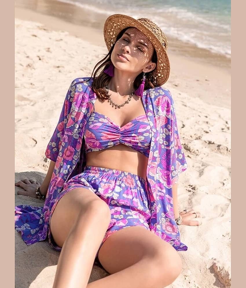 COOL AND CASUAL Women Printed Top With Shorts Co-Ord Set ( Purple ) view 2