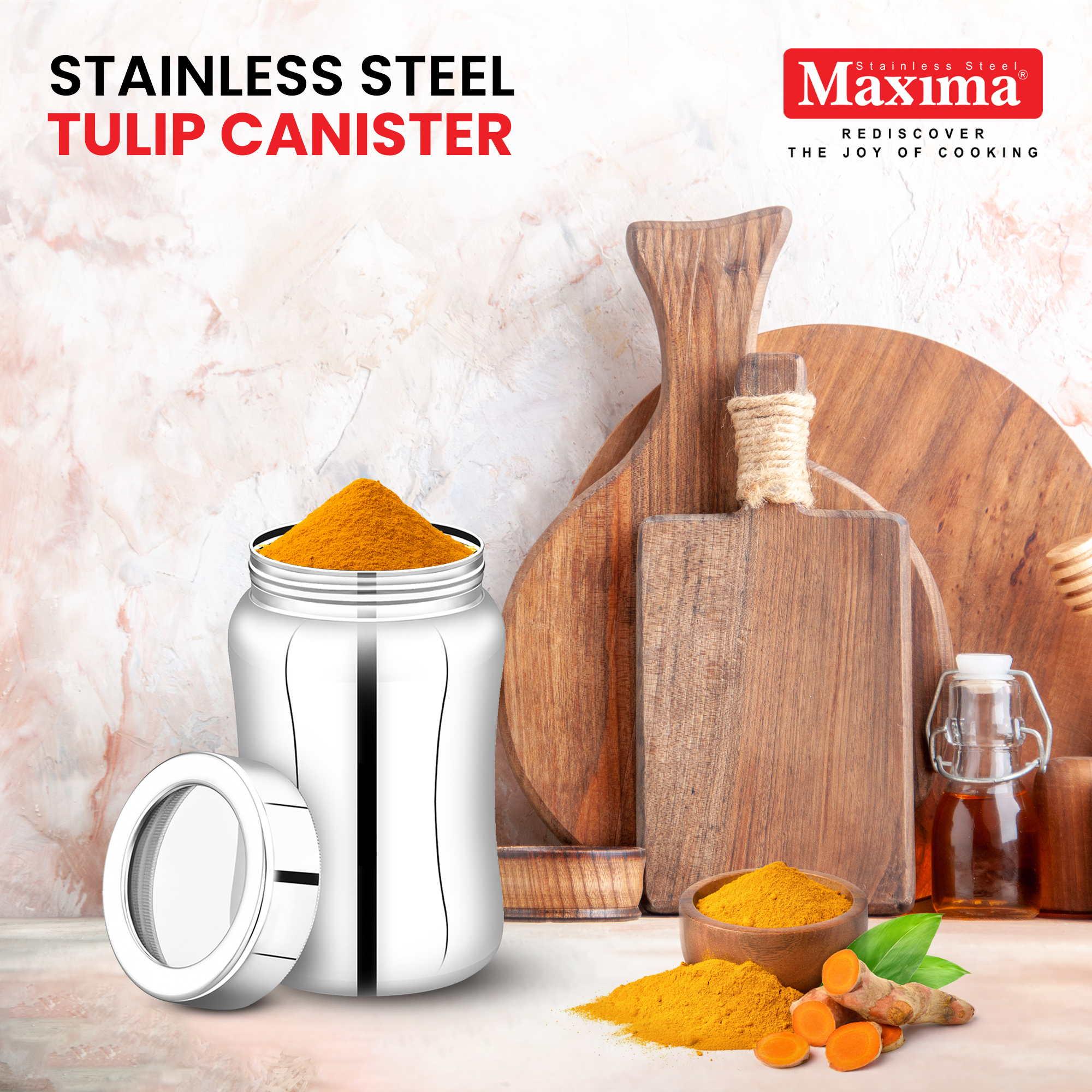 MAXIMA Tulip Stainless Steel Canister - 900ml | Elegant Circular Design for Tea, Coffee, and Spices | Leak Proof | Airtight Kitchen Storage Container view 2