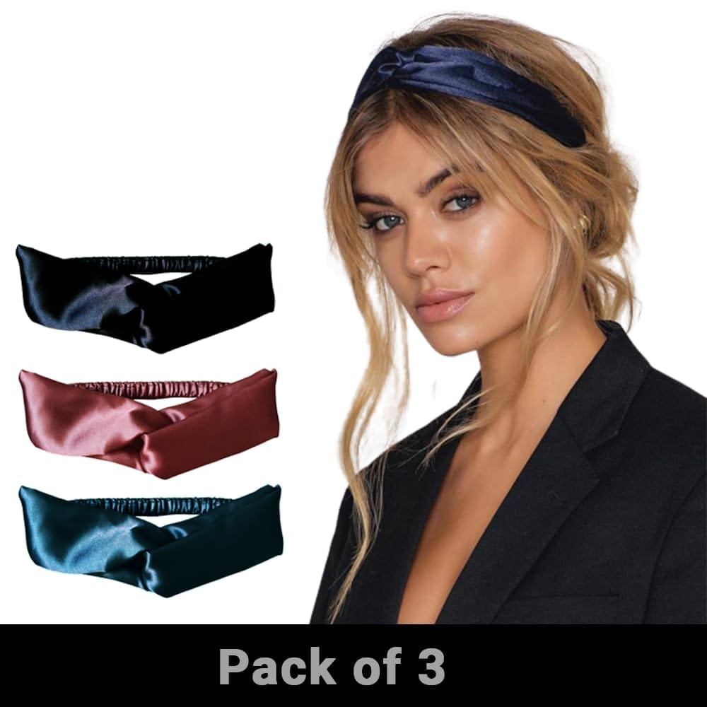 Premium Diamond Satin Hair Band for Women| Satin Hair Band for Hair & Skin| Silk Hair Band (Pack of 3) | Hair Accessories Women Satin Hair Band for Women with Stretchable Elastic Knot view 2