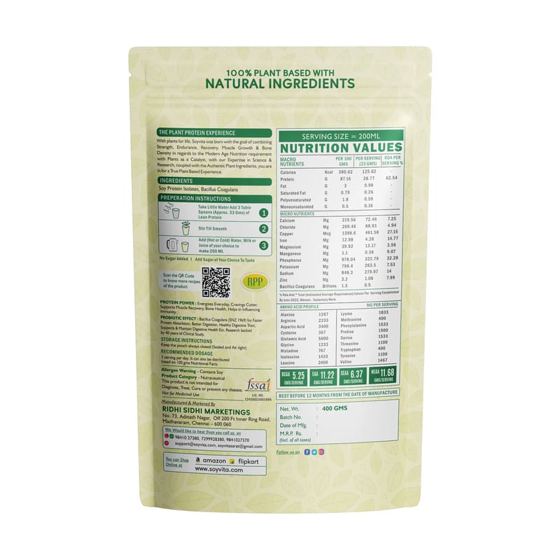 Soyvita - Lean Protein With Probiotics, Non Dairy Raw Plant Protein 400 Gms ( Serves - 12) view 2