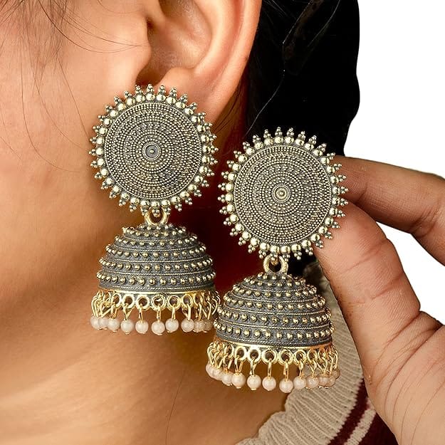 "Stunning Oxidized German Silver Jhumka Earrings with Pearl Drops for Women" view 2