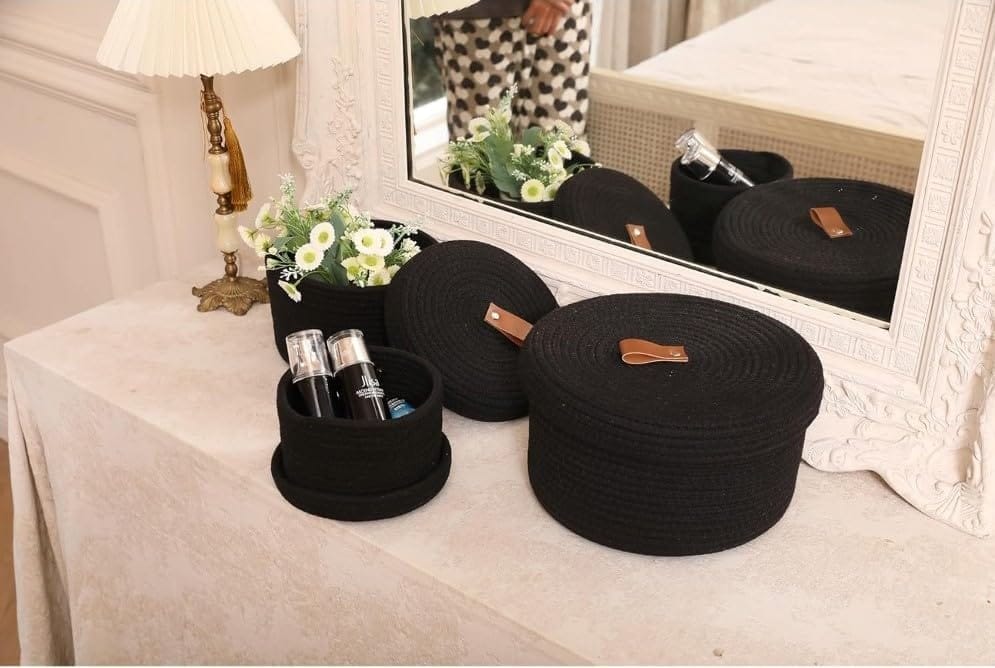 Generic Cotton 3 Pcs Set Roti Box Storage Basket With Lid (Black)-PID66359 view 2
