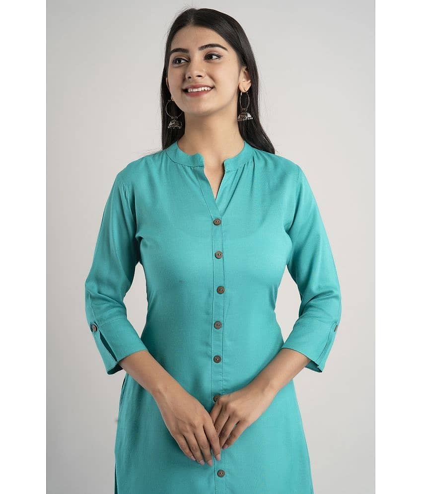 MAUKA - Turquoise Rayon Women's Front Slit Kurti ( Pack of 1 ) view 2