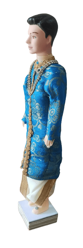 Traditional Indian Groom Doll in Blue Sherwani And White Dhoti view 2