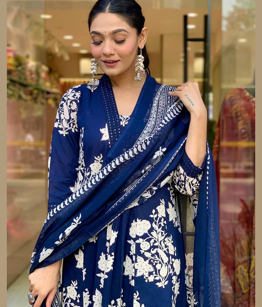 Heavenly Attire Cotton Printed Kurti With Palazzo Women's Stitched Salwar Suit - Blue ( Pack of 1 ) view 2